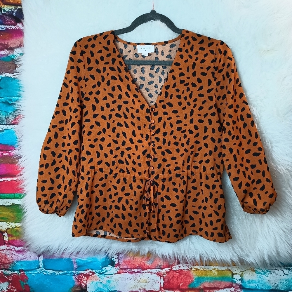 Everly V-Neck Brown and Black Front Button Animal Print Top Size S